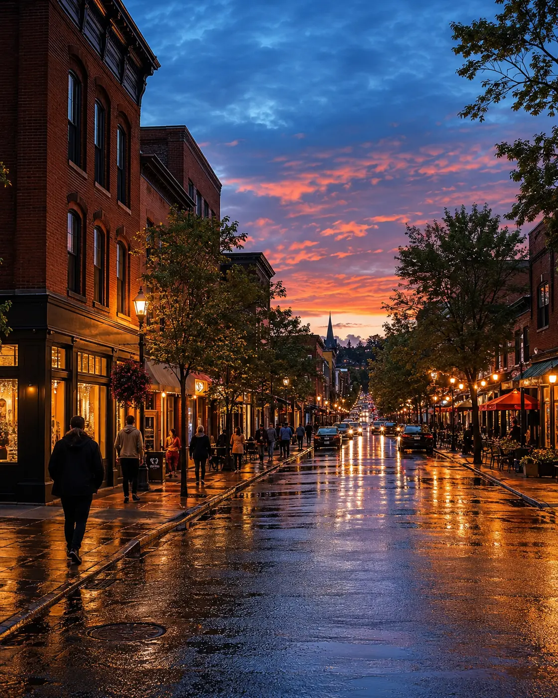 Lively independent downtown at blue hour